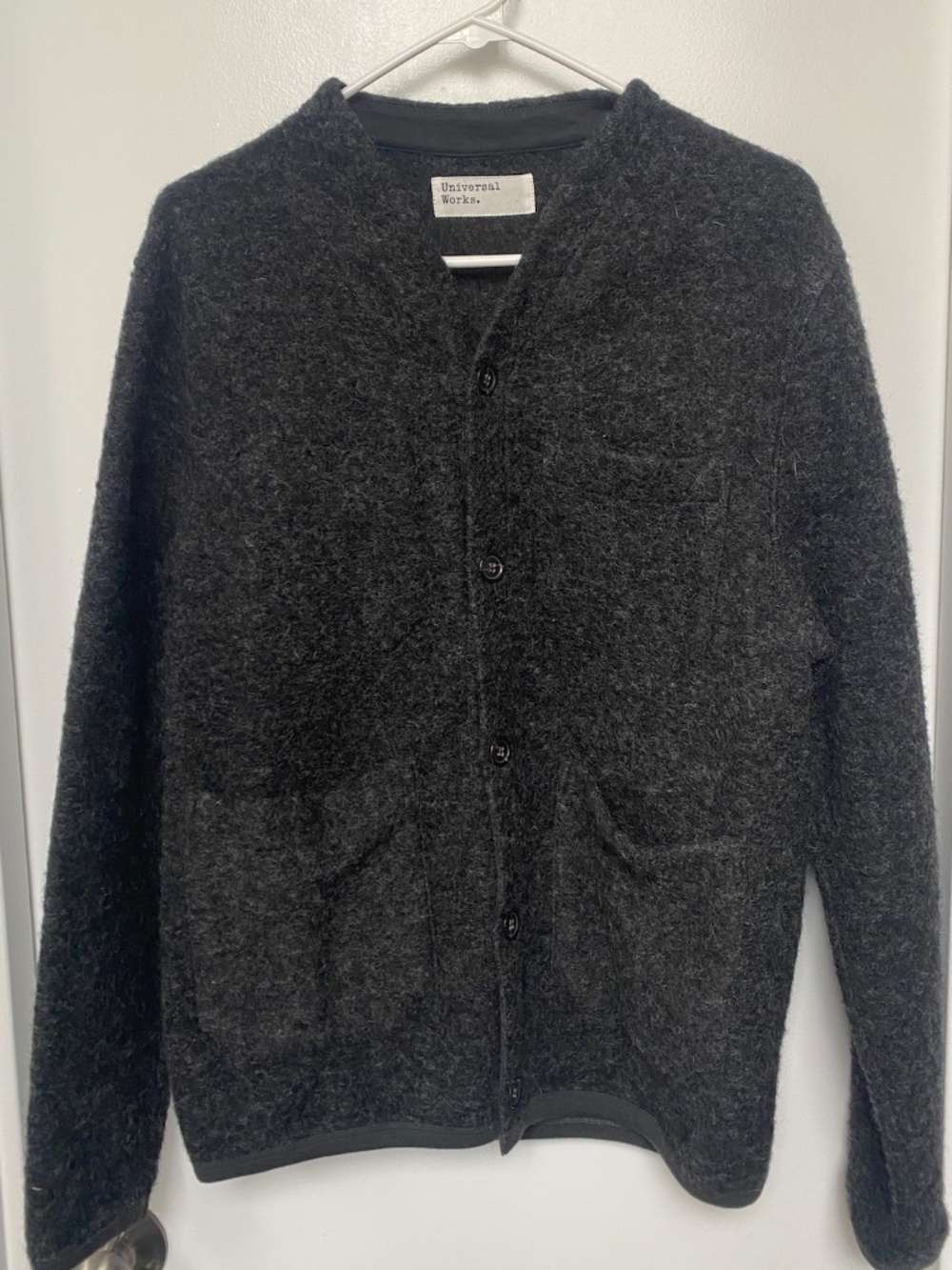 Universal Works Charcoal Gray Wool Blend Button Front Cardigan Sweater